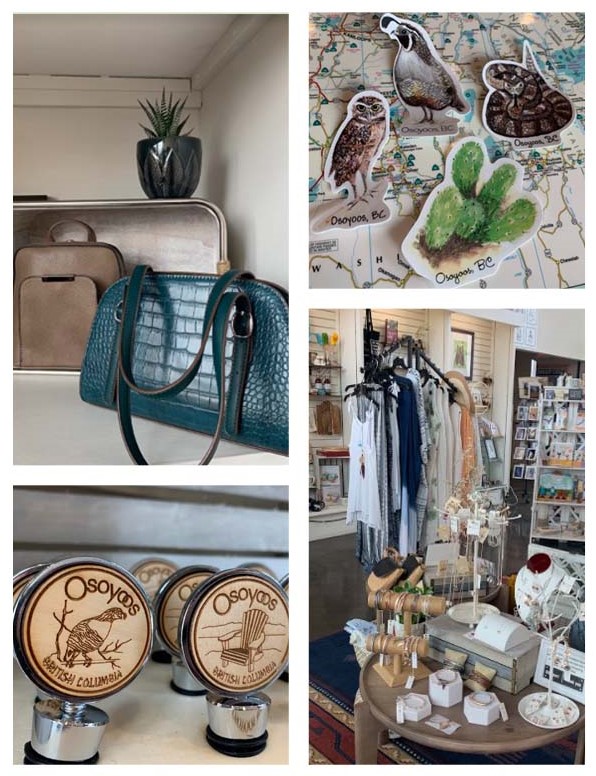 Image is a collage of product shots, including: purses, wine bottle stoppers, racks of clothing and jewellery, and stickers shaped like cacti, birds, and a rattlesnake.